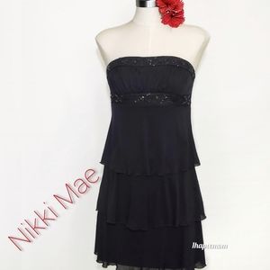 Black Strapless Dress Sequin Trim Layered Skirt